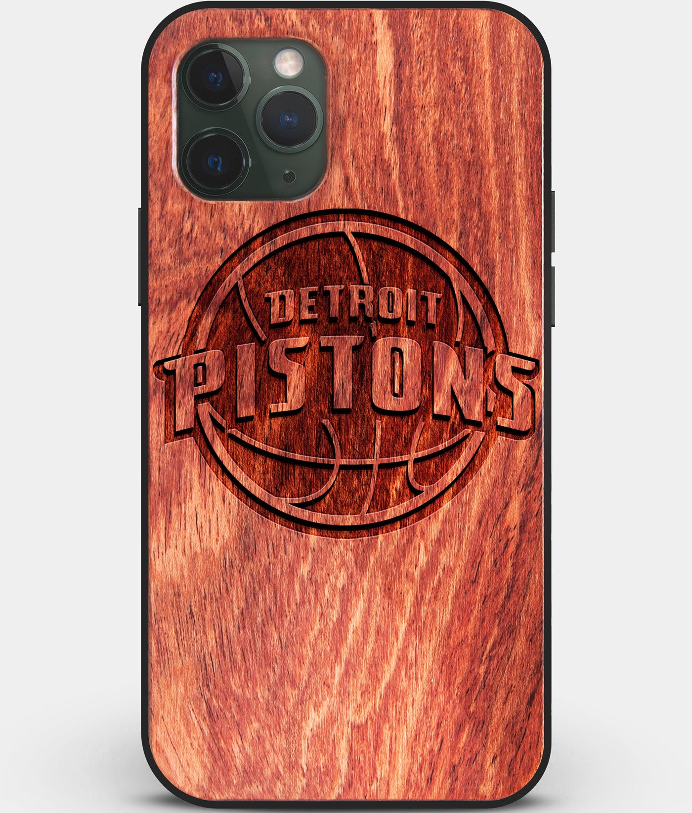 Custom Carved Wood Detroit Pistons iPhone 11 Pro Case | Personalized Mahogany Wood Detroit Pistons Cover, Birthday Gift, Gifts For Him, Monogrammed Gift For Fan | by Engraved In Nature