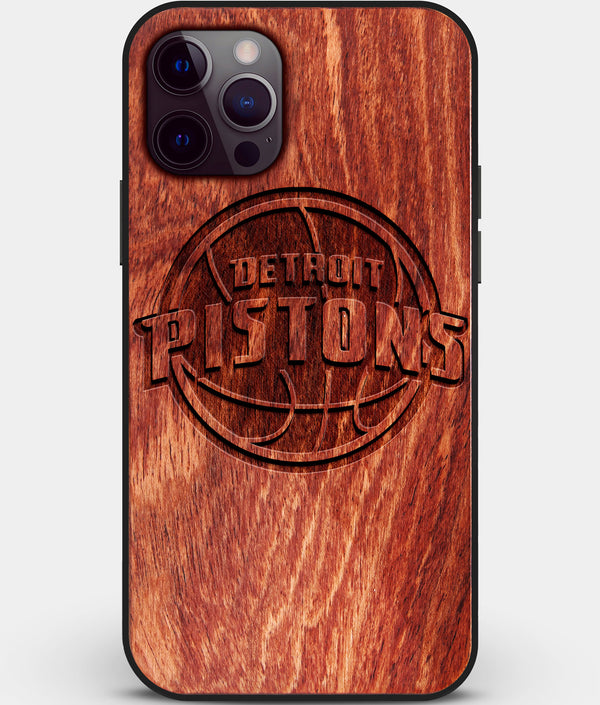 Custom Carved Wood Detroit Pistons iPhone 12 Pro Case | Personalized Mahogany Wood Detroit Pistons Cover, Birthday Gift, Gifts For Him, Monogrammed Gift For Fan | by Engraved In Nature