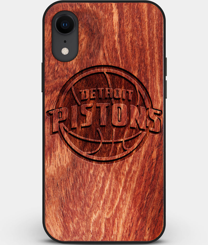 Custom Carved Wood Detroit Pistons iPhone XR Case | Personalized Mahogany Wood Detroit Pistons Cover, Birthday Gift, Gifts For Him, Monogrammed Gift For Fan | by Engraved In Nature