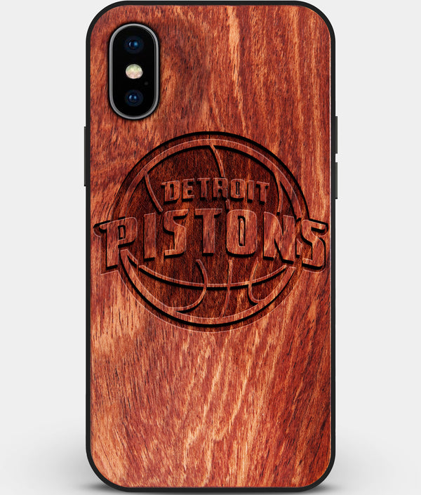 Custom Carved Wood Detroit Pistons iPhone X/XS Case | Personalized Mahogany Wood Detroit Pistons Cover, Birthday Gift, Gifts For Him, Monogrammed Gift For Fan | by Engraved In Nature