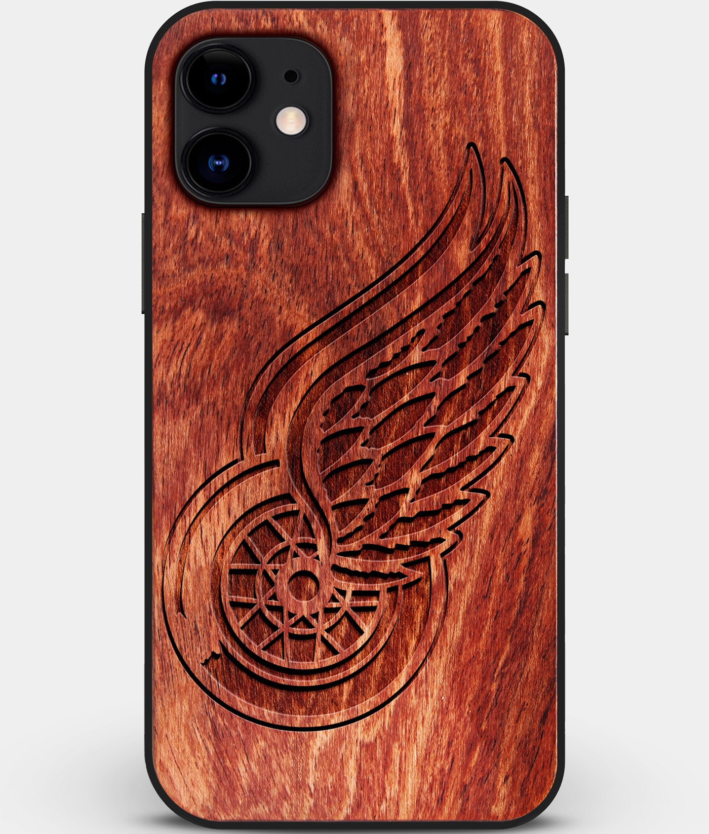 Custom Carved Wood Detroit Red Wings iPhone 11 Case | Personalized Mahogany Wood Detroit Red Wings Cover, Birthday Gift, Gifts For Him, Monogrammed Gift For Fan | by Engraved In Nature