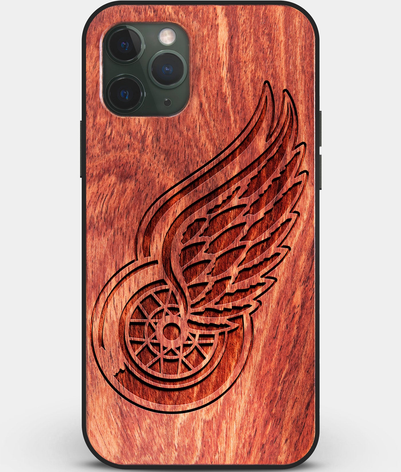 Custom Carved Wood Detroit Red Wings iPhone 11 Pro Max Case | Personalized Mahogany Wood Detroit Red Wings Cover, Birthday Gift, Gifts For Him, Monogrammed Gift For Fan | by Engraved In Nature