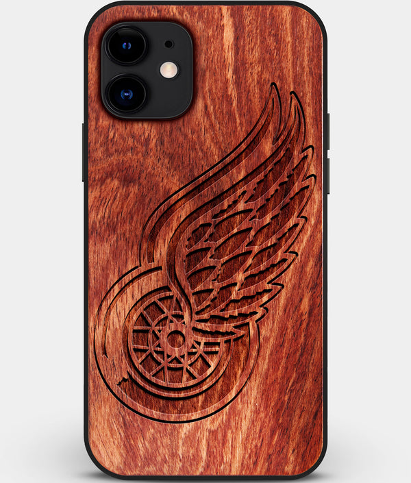 Custom Carved Wood Detroit Red Wings iPhone 12 Case | Personalized Mahogany Wood Detroit Red Wings Cover, Birthday Gift, Gifts For Him, Monogrammed Gift For Fan | by Engraved In Nature