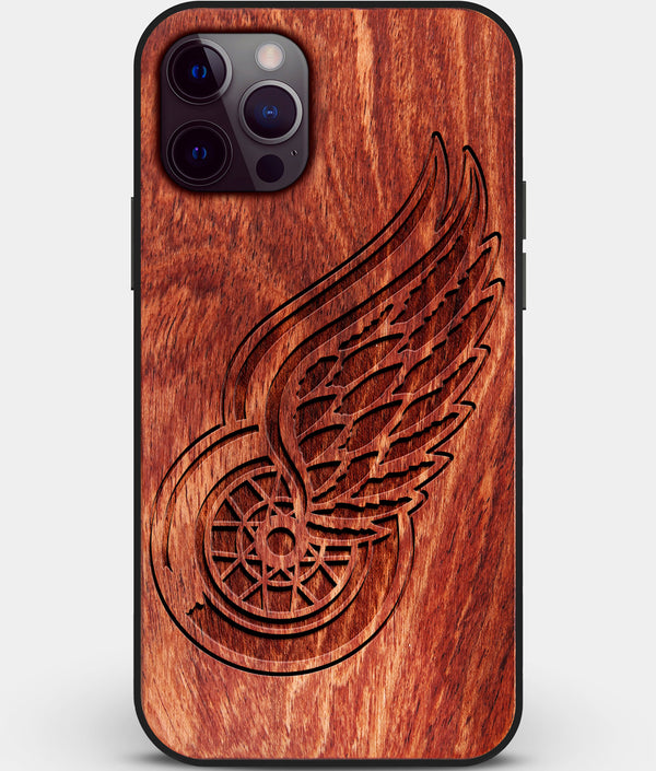 Custom Carved Wood Detroit Red Wings iPhone 12 Pro Max Case | Personalized Mahogany Wood Detroit Red Wings Cover, Birthday Gift, Gifts For Him, Monogrammed Gift For Fan | by Engraved In Nature