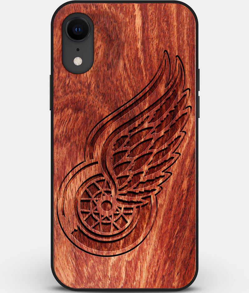 Custom Carved Wood Detroit Red Wings iPhone XR Case | Personalized Mahogany Wood Detroit Red Wings Cover, Birthday Gift, Gifts For Him, Monogrammed Gift For Fan | by Engraved In Nature