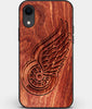 Custom Carved Wood Detroit Red Wings iPhone XR Case | Personalized Mahogany Wood Detroit Red Wings Cover, Birthday Gift, Gifts For Him, Monogrammed Gift For Fan | by Engraved In Nature