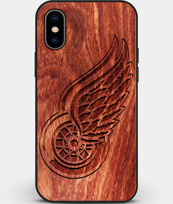 Custom Carved Wood Detroit Red Wings iPhone XS Max Case | Personalized Mahogany Wood Detroit Red Wings Cover, Birthday Gift, Gifts For Him, Monogrammed Gift For Fan | by Engraved In Nature