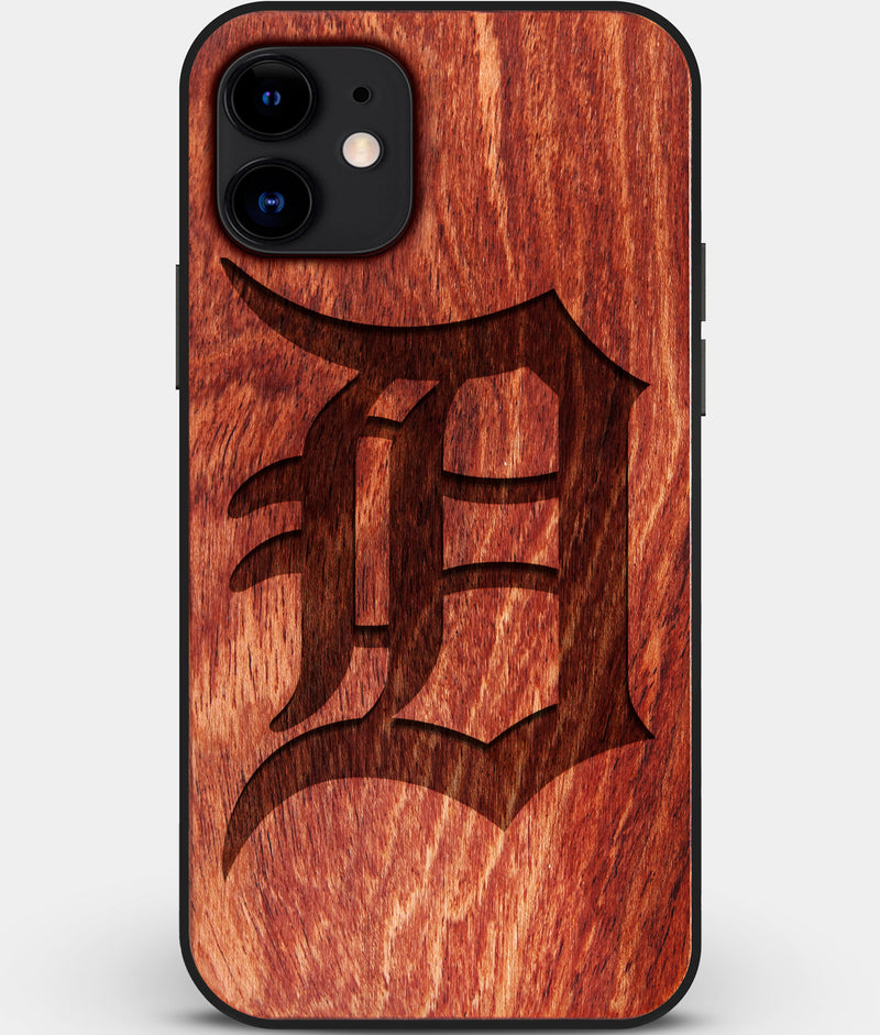 Custom Carved Wood Detroit Tigers iPhone 11 Case | Personalized Mahogany Wood Detroit Tigers Cover, Birthday Gift, Gifts For Him, Monogrammed Gift For Fan | by Engraved In Nature