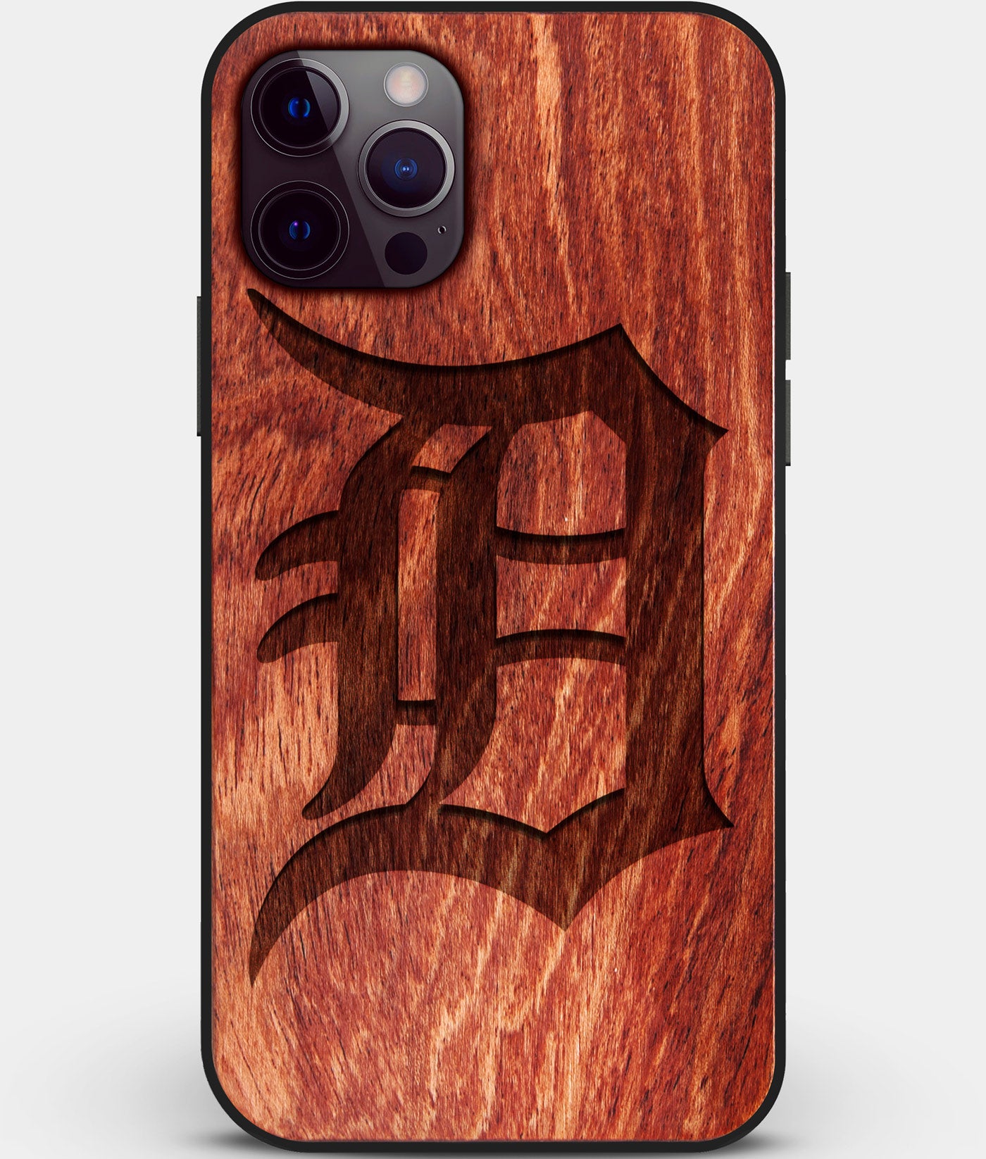 Custom Carved Wood Detroit Tigers iPhone 12 Pro Case | Personalized Mahogany Wood Detroit Tigers Cover, Birthday Gift, Gifts For Him, Monogrammed Gift For Fan | by Engraved In Nature