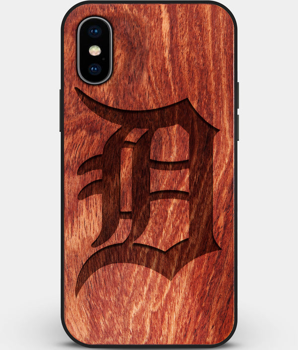 Custom Carved Wood Detroit Tigers iPhone X/XS Case | Personalized Mahogany Wood Detroit Tigers Cover, Birthday Gift, Gifts For Him, Monogrammed Gift For Fan | by Engraved In Nature