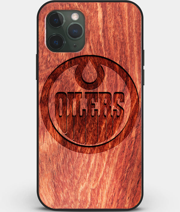Custom Carved Wood Edmonton Oilers iPhone 11 Pro Max Case | Personalized Mahogany Wood Edmonton Oilers Cover, Birthday Gift, Gifts For Him, Monogrammed Gift For Fan | by Engraved In Nature