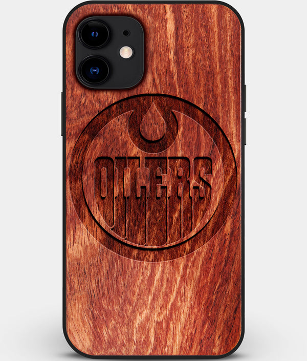 Custom Carved Wood Edmonton Oilers iPhone 12 Mini Case | Personalized Mahogany Wood Edmonton Oilers Cover, Birthday Gift, Gifts For Him, Monogrammed Gift For Fan | by Engraved In Nature