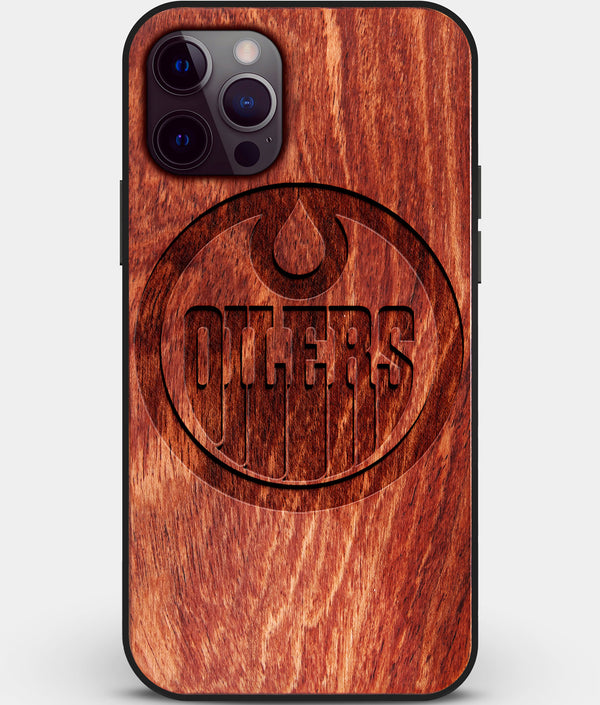 Custom Carved Wood Edmonton Oilers iPhone 12 Pro Max Case | Personalized Mahogany Wood Edmonton Oilers Cover, Birthday Gift, Gifts For Him, Monogrammed Gift For Fan | by Engraved In Nature