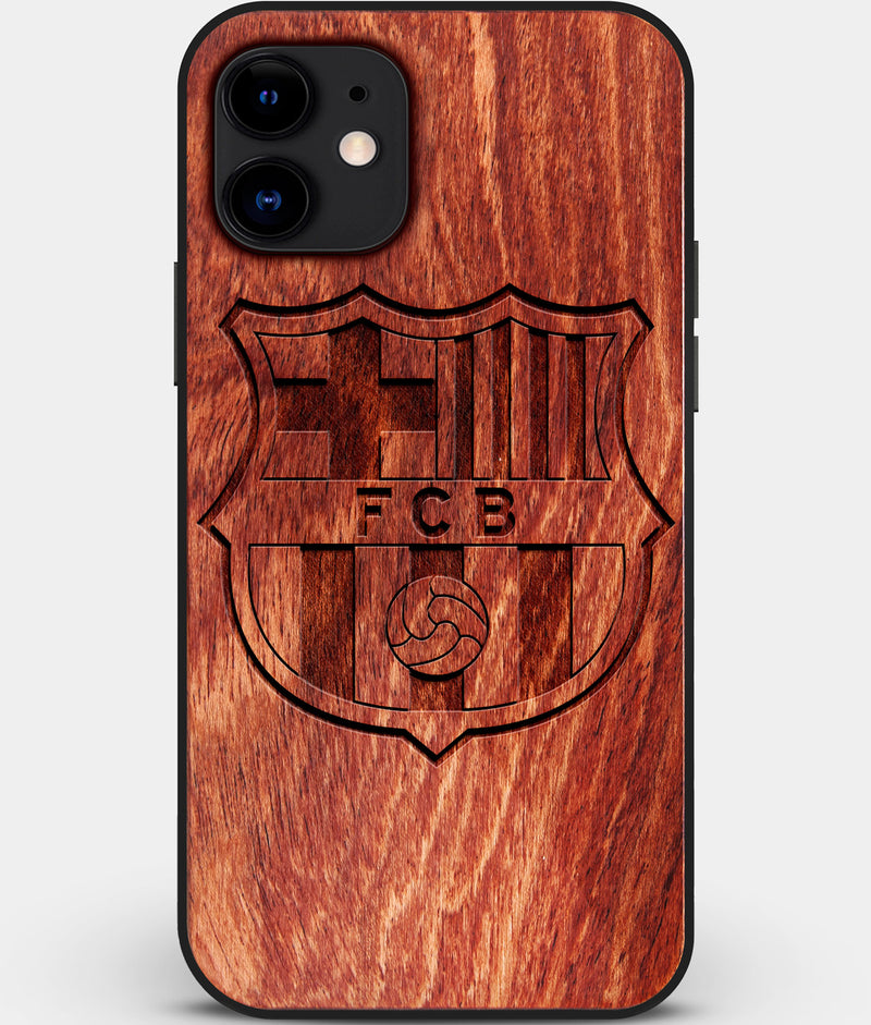 Custom Carved Wood FC Barcelona iPhone 11 Case | Personalized Mahogany Wood FC Barcelona Cover, Birthday Gift, Gifts For Him, Monogrammed Gift For Fan | by Engraved In Nature