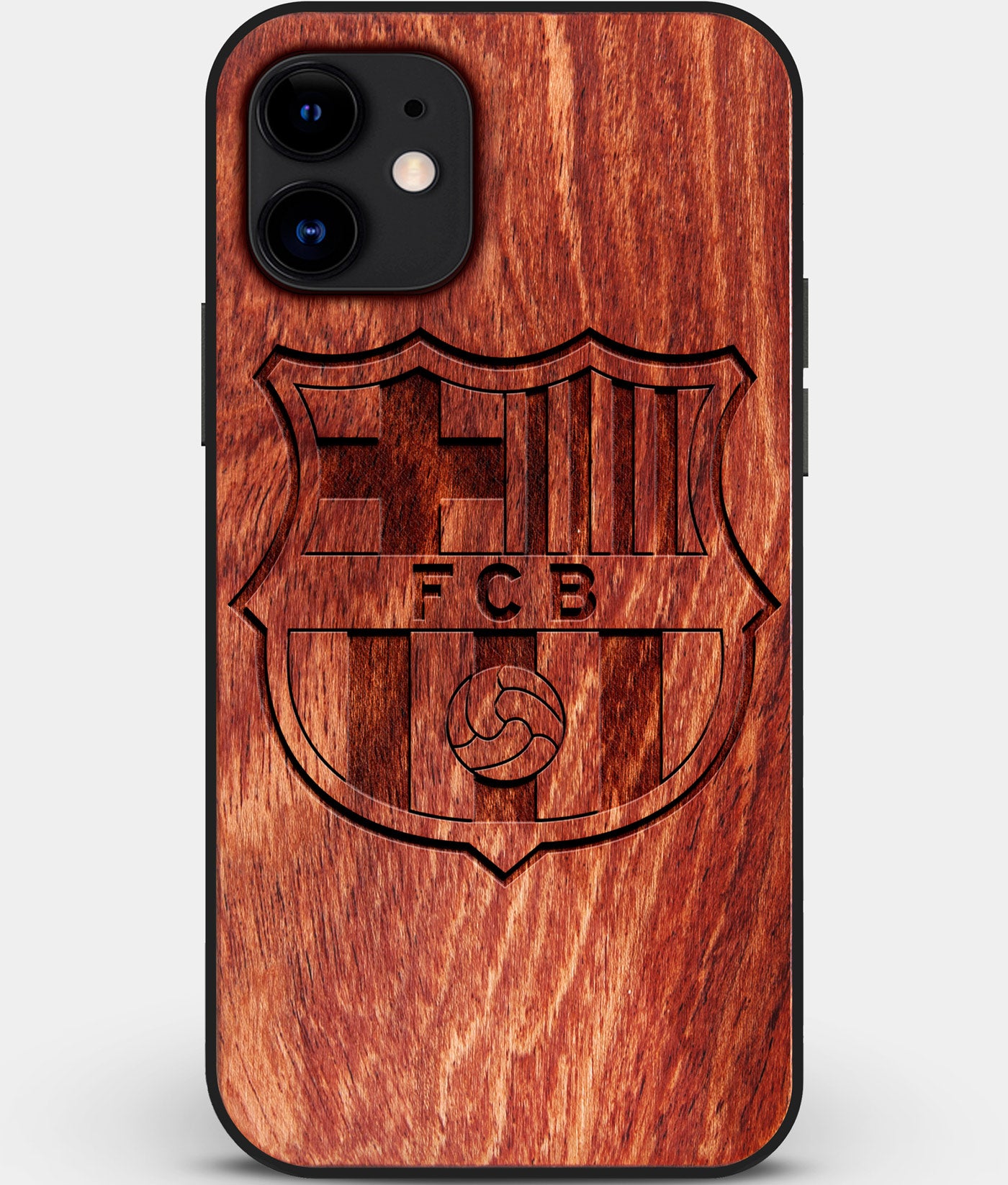 Custom Carved Wood FC Barcelona iPhone 12 Mini Case | Personalized Mahogany Wood FC Barcelona Cover, Birthday Gift, Gifts For Him, Monogrammed Gift For Fan | by Engraved In Nature