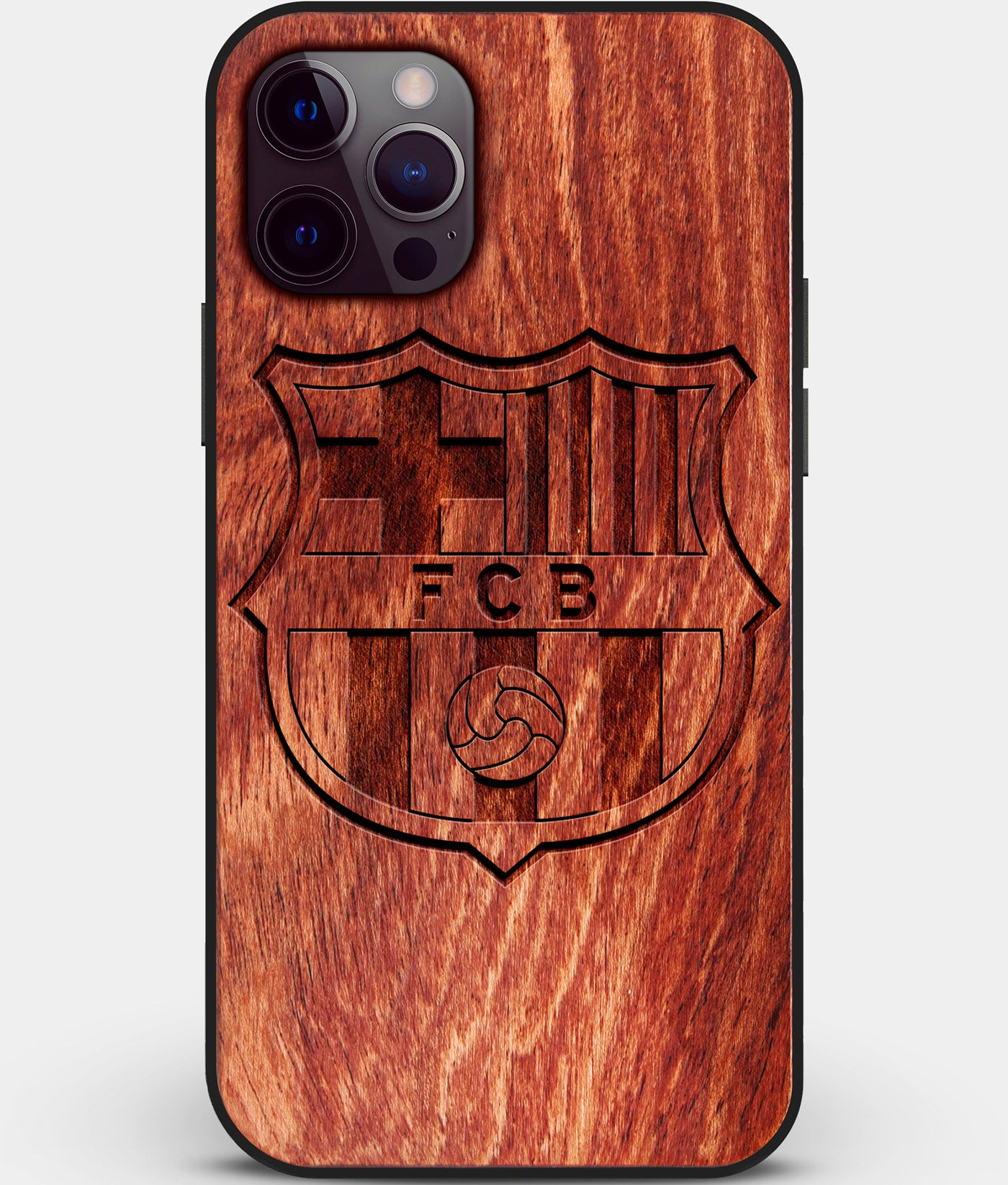 Custom Carved Wood FC Barcelona iPhone 12 Pro Case | Personalized Mahogany Wood FC Barcelona Cover, Birthday Gift, Gifts For Him, Monogrammed Gift For Fan | by Engraved In Nature