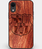 Custom Carved Wood FC Barcelona iPhone XR Case | Personalized Mahogany Wood FC Barcelona Cover, Birthday Gift, Gifts For Him, Monogrammed Gift For Fan | by Engraved In Nature