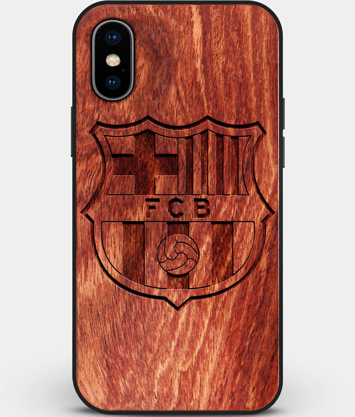 Custom Carved Wood FC Barcelona iPhone XS Max Case | Personalized Mahogany Wood FC Barcelona Cover, Birthday Gift, Gifts For Him, Monogrammed Gift For Fan | by Engraved In Nature