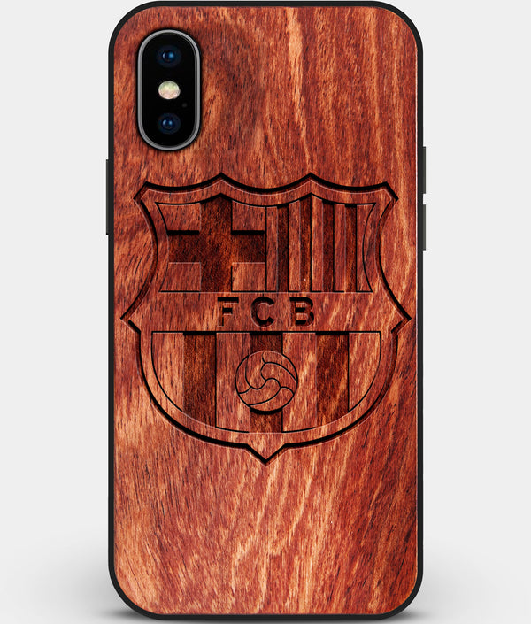 Custom Carved Wood FC Barcelona iPhone XS Max Case | Personalized Mahogany Wood FC Barcelona Cover, Birthday Gift, Gifts For Him, Monogrammed Gift For Fan | by Engraved In Nature