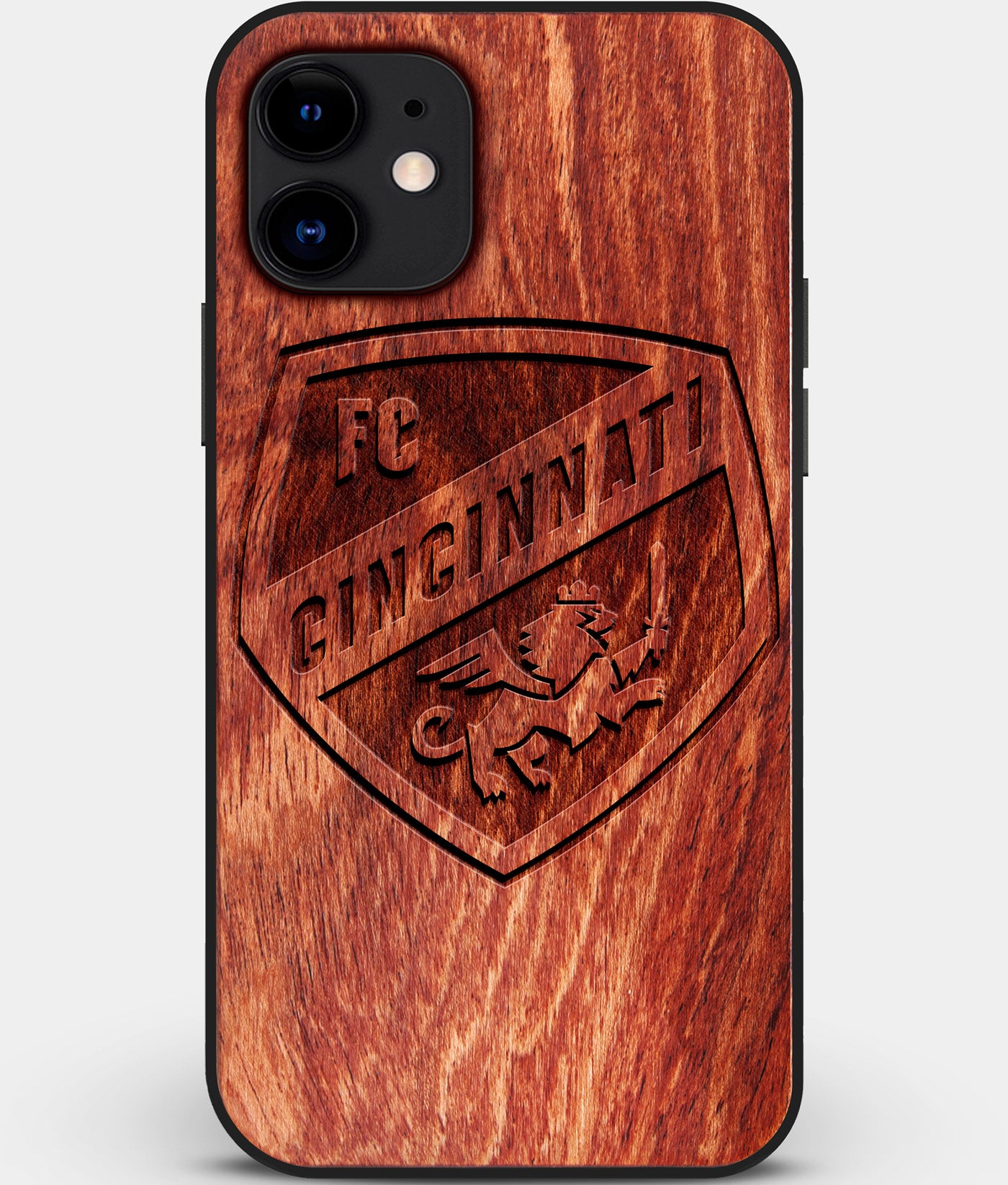 Custom Carved Wood FC Cincinnati iPhone 11 Case | Personalized Mahogany Wood FC Cincinnati Cover, Birthday Gift, Gifts For Him, Monogrammed Gift For Fan | by Engraved In Nature