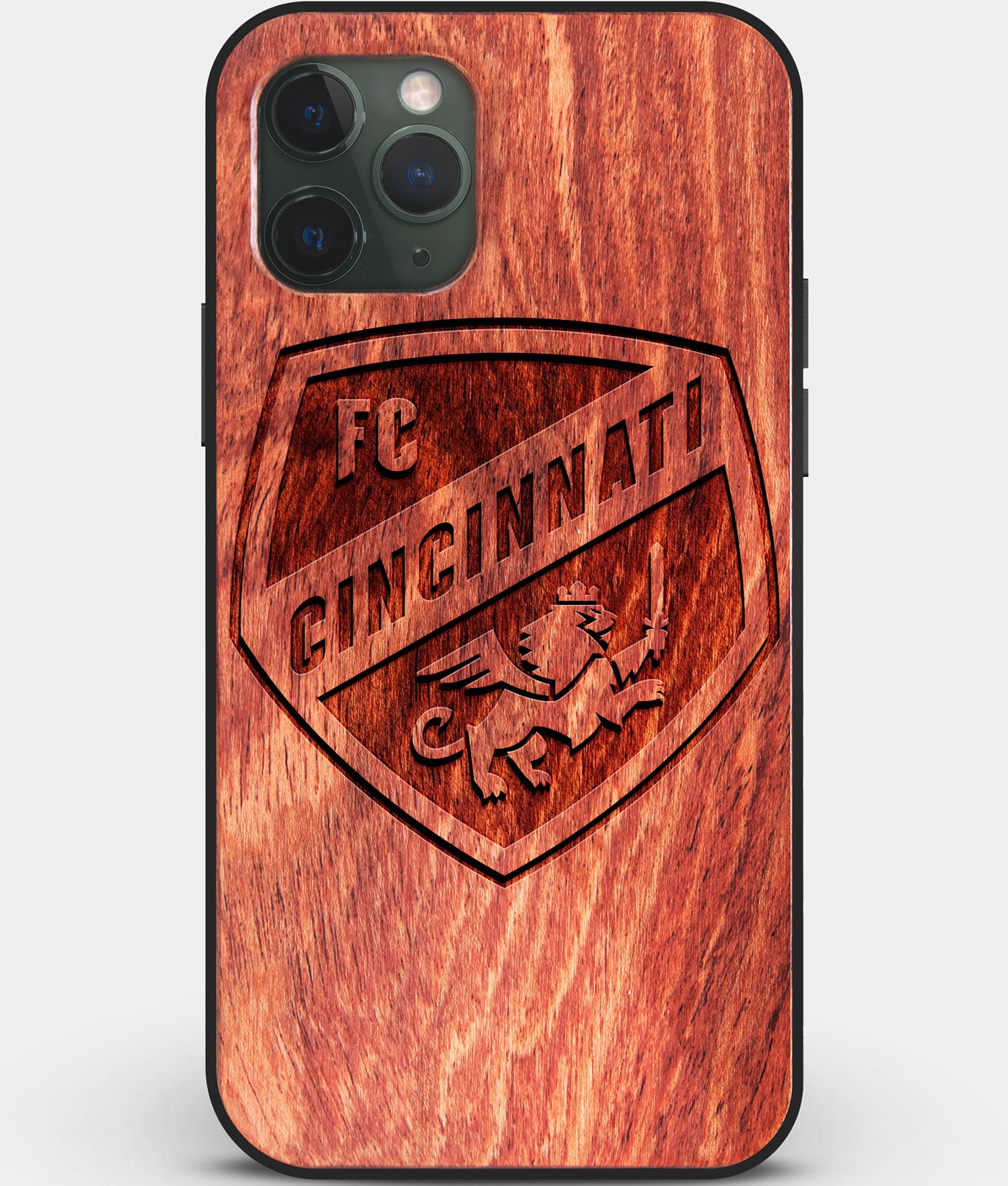 Custom Carved Wood FC Cincinnati iPhone 11 Pro Max Case | Personalized Mahogany Wood FC Cincinnati Cover, Birthday Gift, Gifts For Him, Monogrammed Gift For Fan | by Engraved In Nature