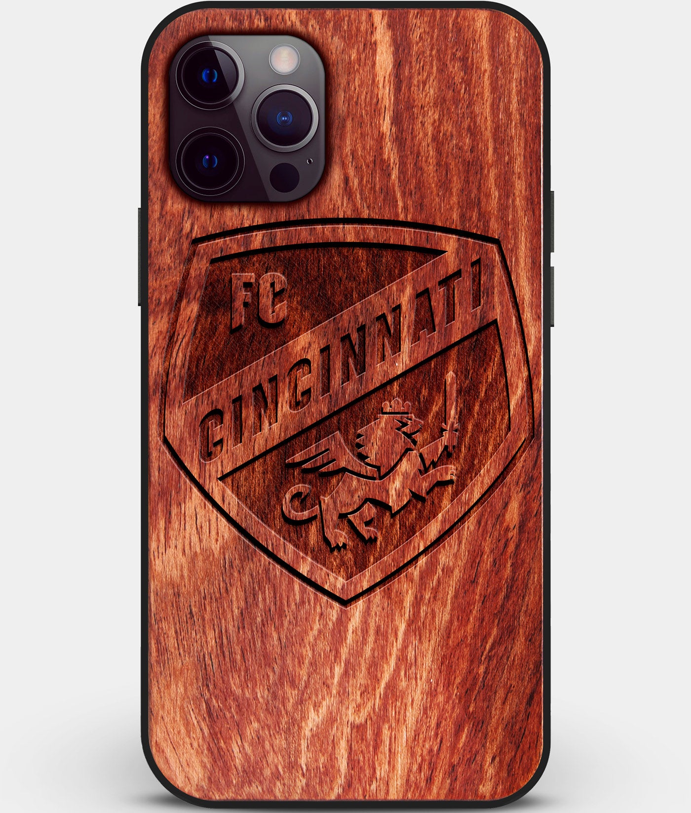 Custom Carved Wood FC Cincinnati iPhone 12 Pro Case | Personalized Mahogany Wood FC Cincinnati Cover, Birthday Gift, Gifts For Him, Monogrammed Gift For Fan | by Engraved In Nature