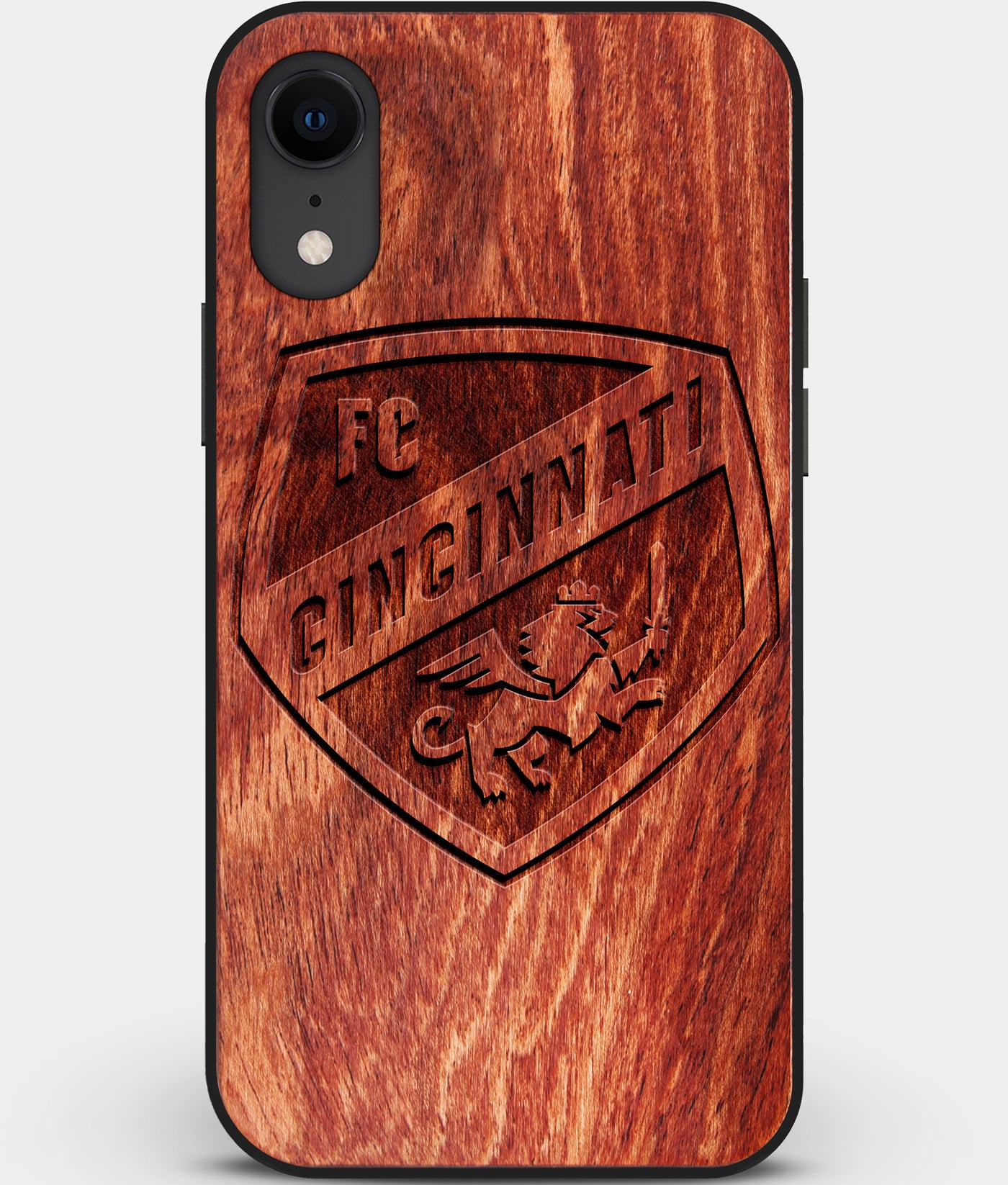 Custom Carved Wood FC Cincinnati iPhone XR Case | Personalized Mahogany Wood FC Cincinnati Cover, Birthday Gift, Gifts For Him, Monogrammed Gift For Fan | by Engraved In Nature