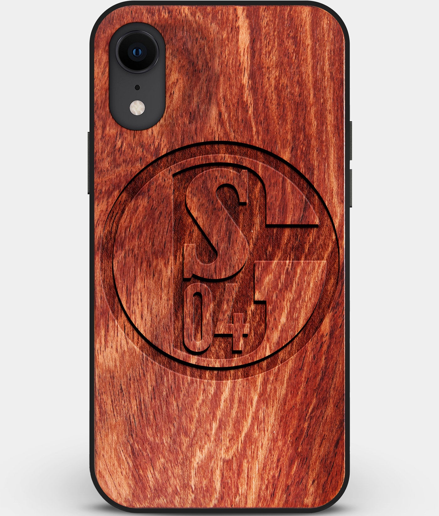 Custom Carved Wood FC Schalke 04 iPhone XR Case | Personalized Mahogany Wood FC Schalke 04 Cover, Birthday Gift, Gifts For Him, Monogrammed Gift For Fan | by Engraved In Nature