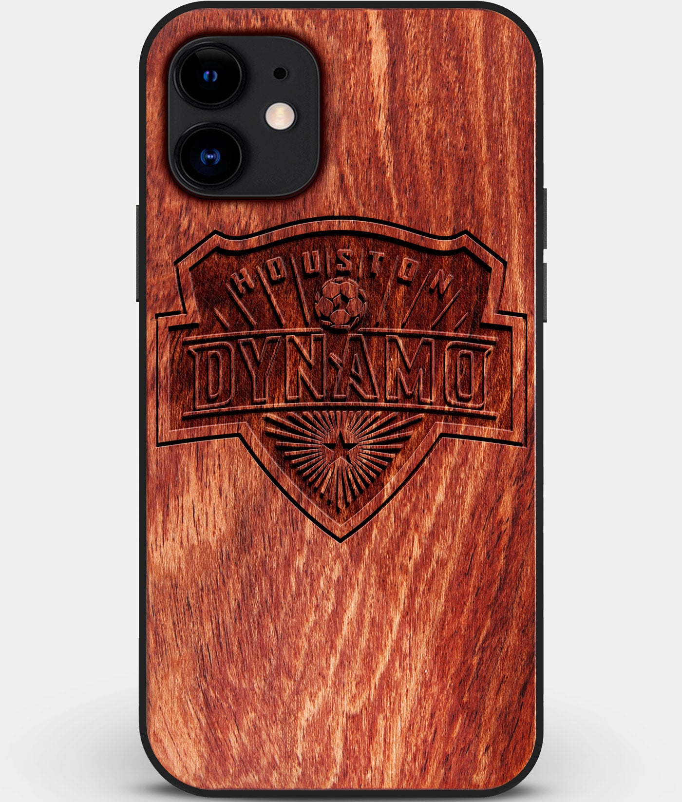 Custom Carved Wood Houston Dynamo iPhone 11 Case | Personalized Mahogany Wood Houston Dynamo Cover, Birthday Gift, Gifts For Him, Monogrammed Gift For Fan | by Engraved In Nature