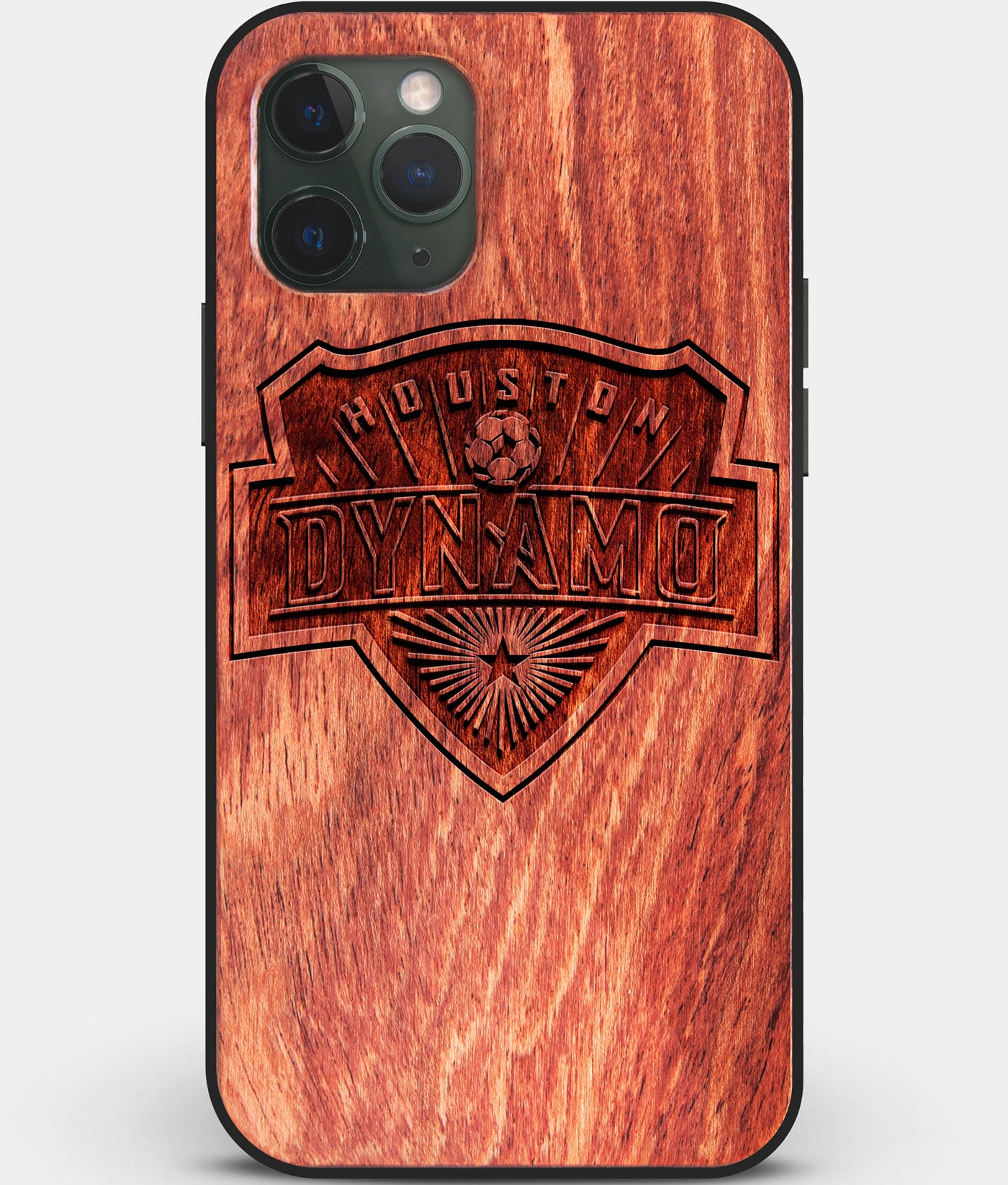 Custom Carved Wood Houston Dynamo iPhone 11 Pro Case | Personalized Mahogany Wood Houston Dynamo Cover, Birthday Gift, Gifts For Him, Monogrammed Gift For Fan | by Engraved In Nature
