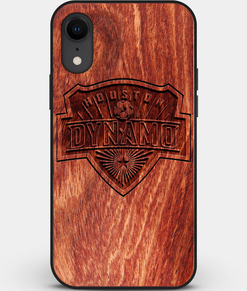 Custom Carved Wood Houston Dynamo iPhone XR Case | Personalized Mahogany Wood Houston Dynamo Cover, Birthday Gift, Gifts For Him, Monogrammed Gift For Fan | by Engraved In Nature