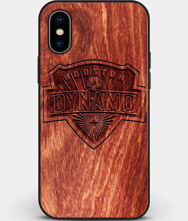 Custom Carved Wood Houston Dynamo iPhone X/XS Case | Personalized Mahogany Wood Houston Dynamo Cover, Birthday Gift, Gifts For Him, Monogrammed Gift For Fan | by Engraved In Nature