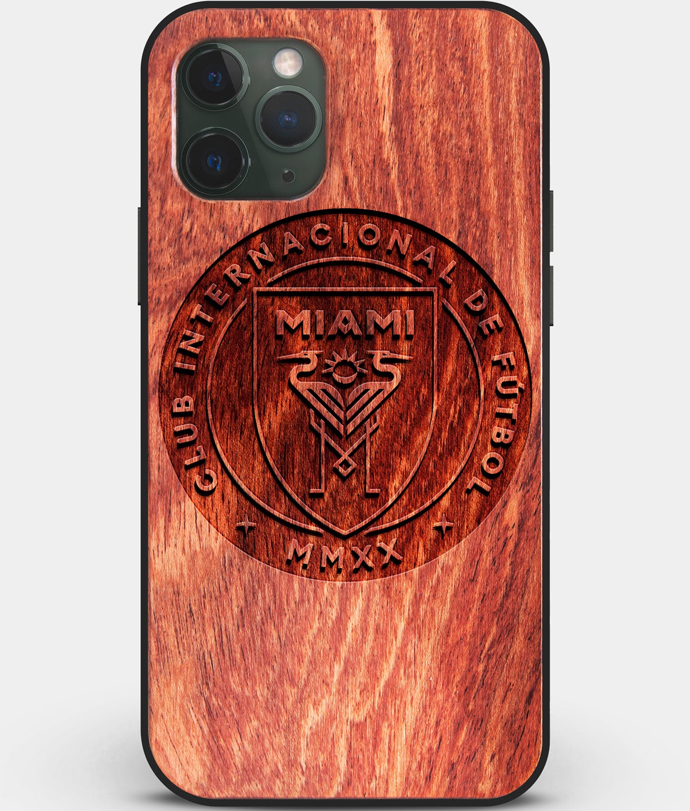 Custom Carved Wood Inter Miami CF iPhone 11 Pro Case | Personalized Mahogany Wood Inter Miami CF Cover, Birthday Gift, Gifts For Him, Monogrammed Gift For Fan | by Engraved In Nature