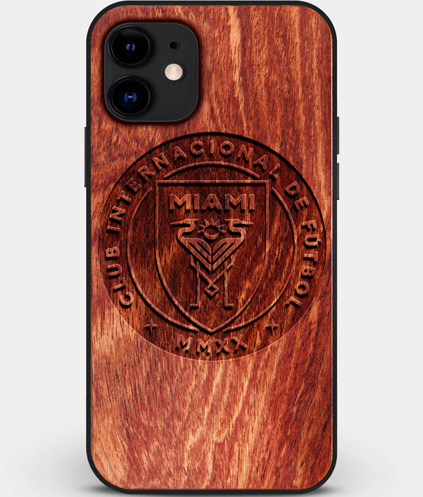 Custom Carved Wood Inter Miami CF iPhone 12 Mini Case | Personalized Mahogany Wood Inter Miami CF Cover, Birthday Gift, Gifts For Him, Monogrammed Gift For Fan | by Engraved In Nature