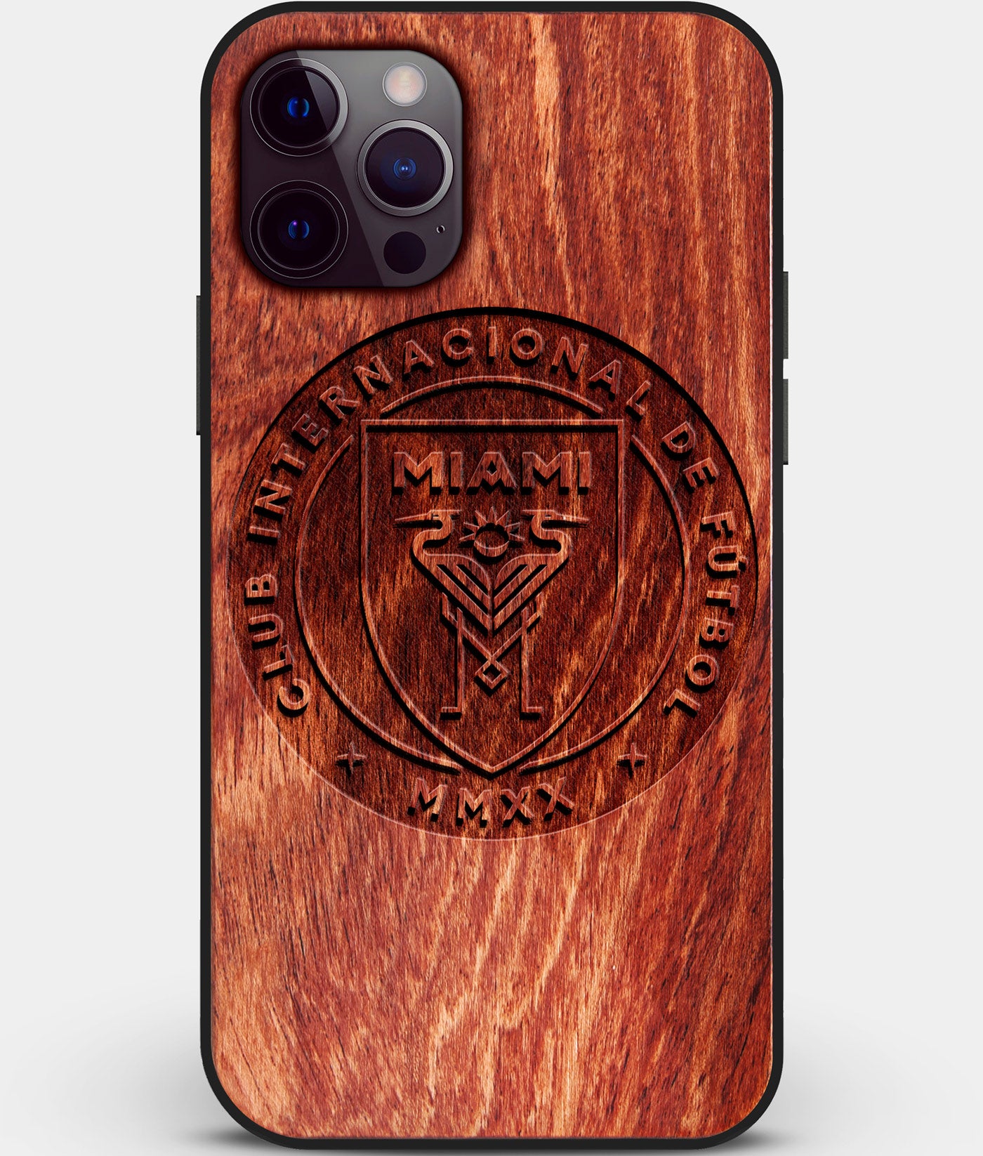 Custom Carved Wood Inter Miami CF iPhone 12 Pro Case | Personalized Mahogany Wood Inter Miami CF Cover, Birthday Gift, Gifts For Him, Monogrammed Gift For Fan | by Engraved In Nature