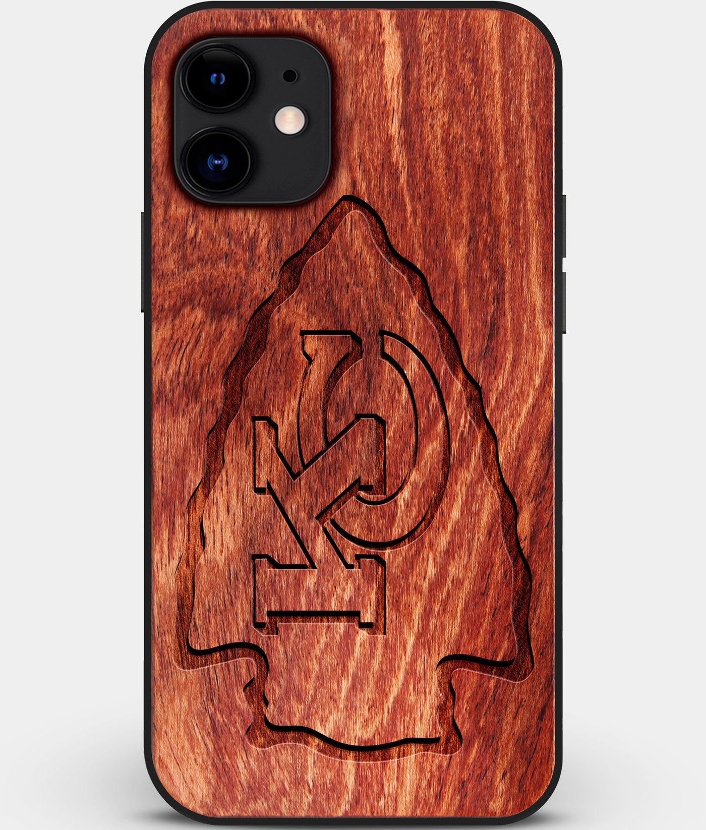 Custom Carved Wood Kansas City Chiefs iPhone 11 Case | Personalized Mahogany Wood Kansas City Chiefs Cover, Birthday Gift, Gifts For Him, Monogrammed Gift For Fan | by Engraved In Nature