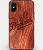 Custom Carved Wood Los Angeles Dodgers iPhone X/XS Case | Personalized Mahogany Wood Los Angeles Dodgers Cover, Birthday Gift, Gifts For Him, Monogrammed Gift For Fan | by Engraved In Nature