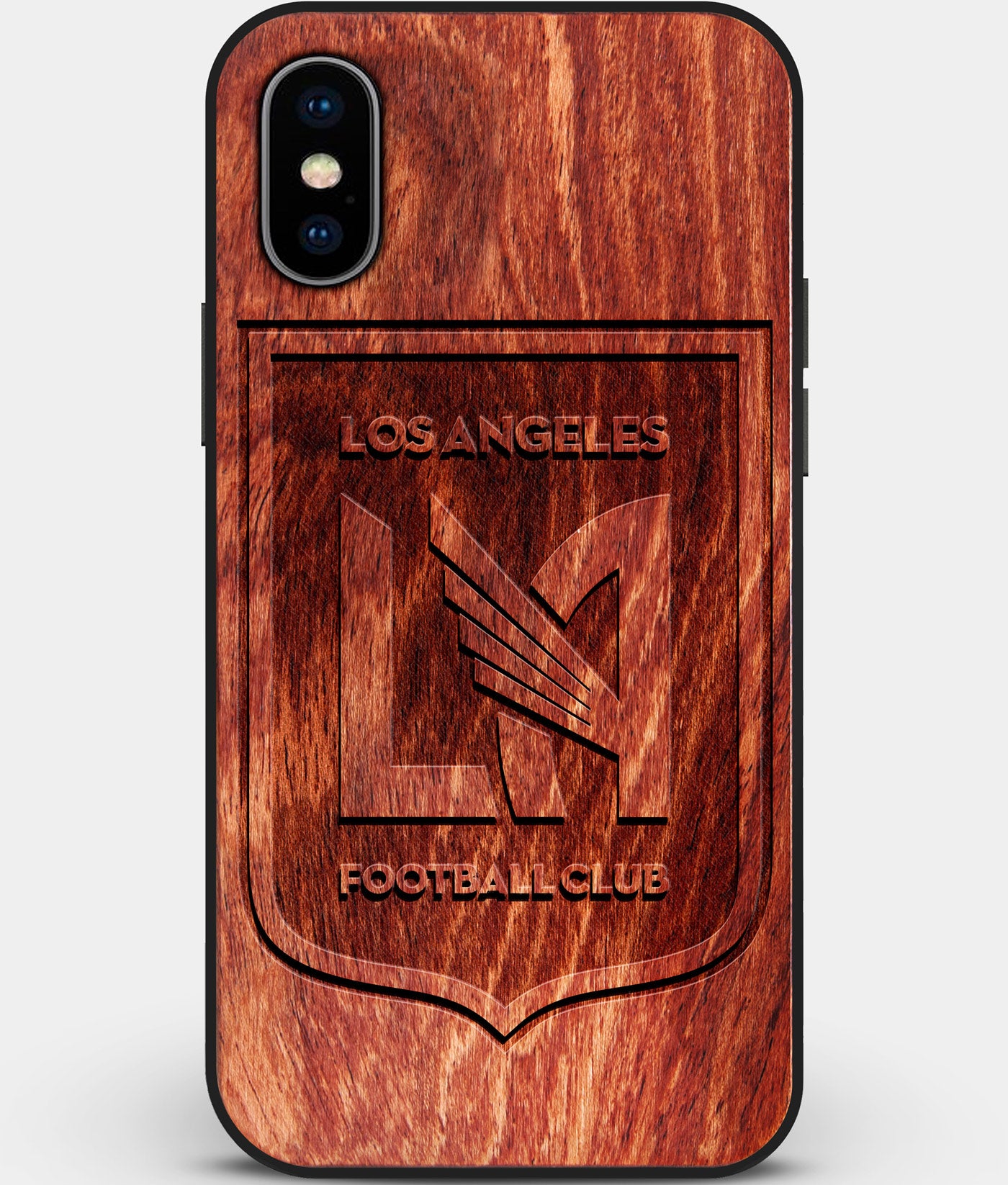 Custom Carved Wood Los Angeles FC iPhone X/XS Case | Personalized Mahogany Wood Los Angeles FC Cover, Birthday Gift, Gifts For Him, Monogrammed Gift For Fan | by Engraved In Nature