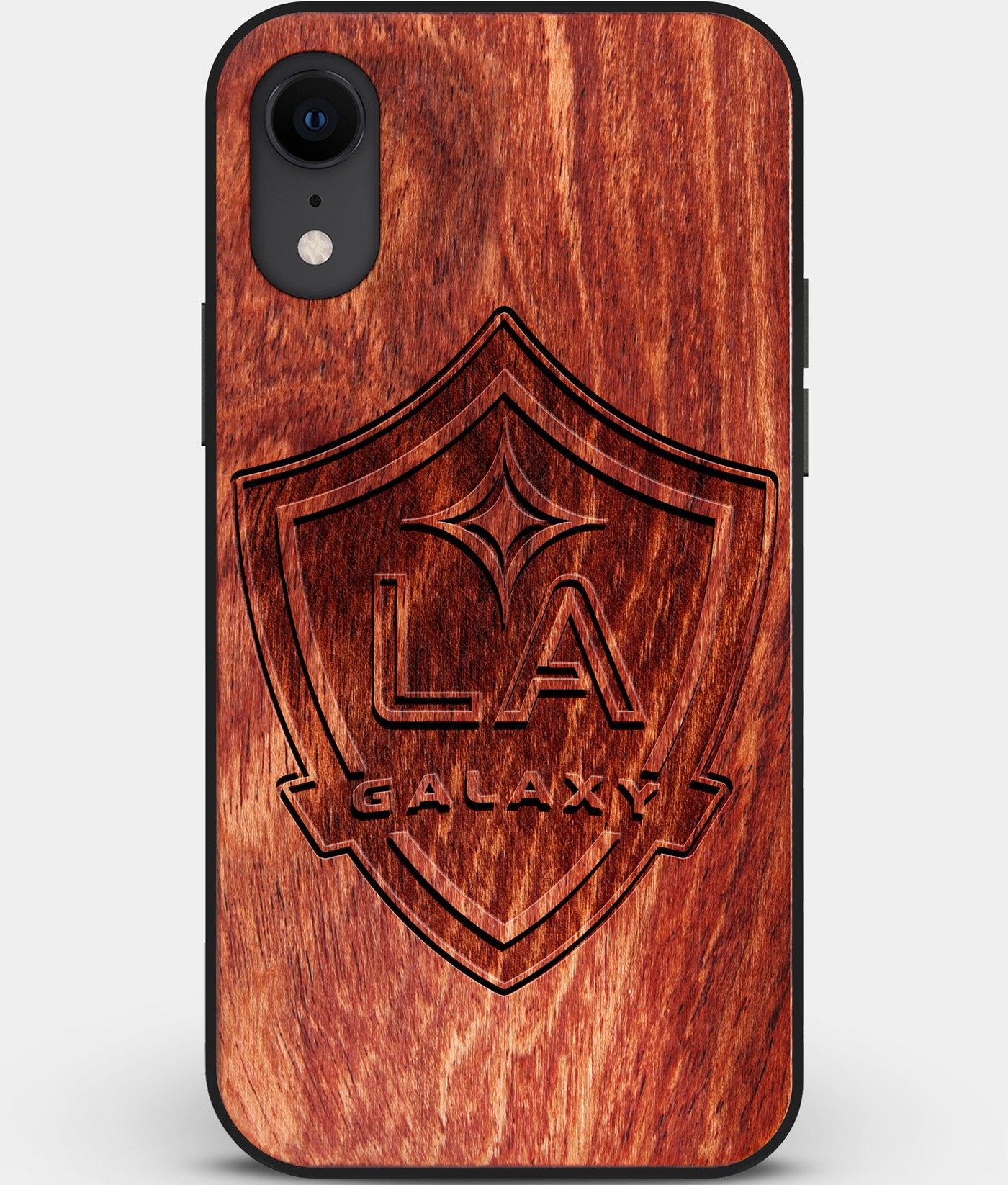Custom Carved Wood Los Angeles Galaxy iPhone XR Case | Personalized Mahogany Wood Los Angeles Galaxy Cover, Birthday Gift, Gifts For Him, Monogrammed Gift For Fan | by Engraved In Nature