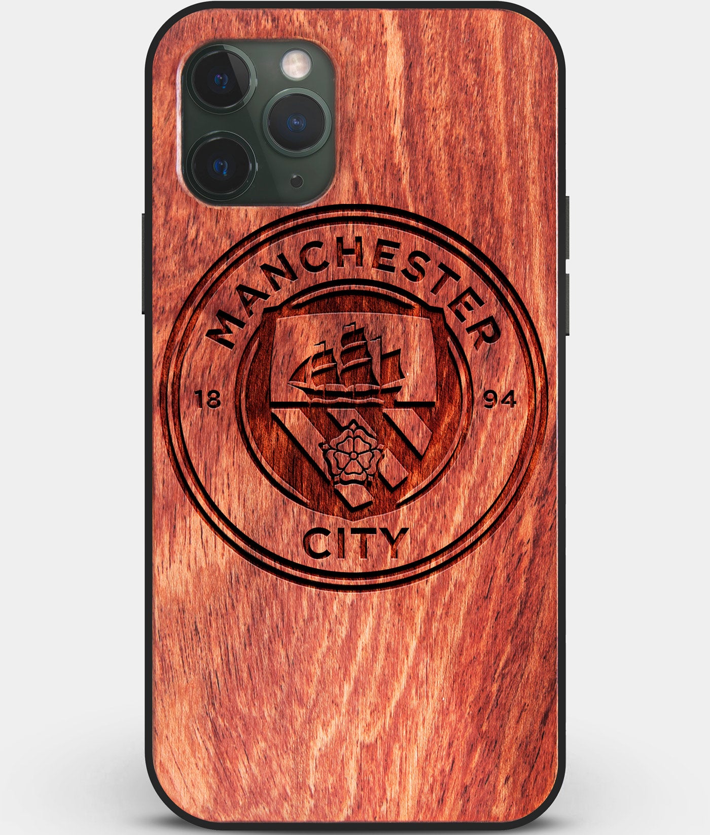 Custom Carved Wood Manchester City F.C. iPhone 11 Pro Max Case | Personalized Mahogany Wood Manchester City F.C. Cover, Birthday Gift, Gifts For Him, Monogrammed Gift For Fan | by Engraved In Nature