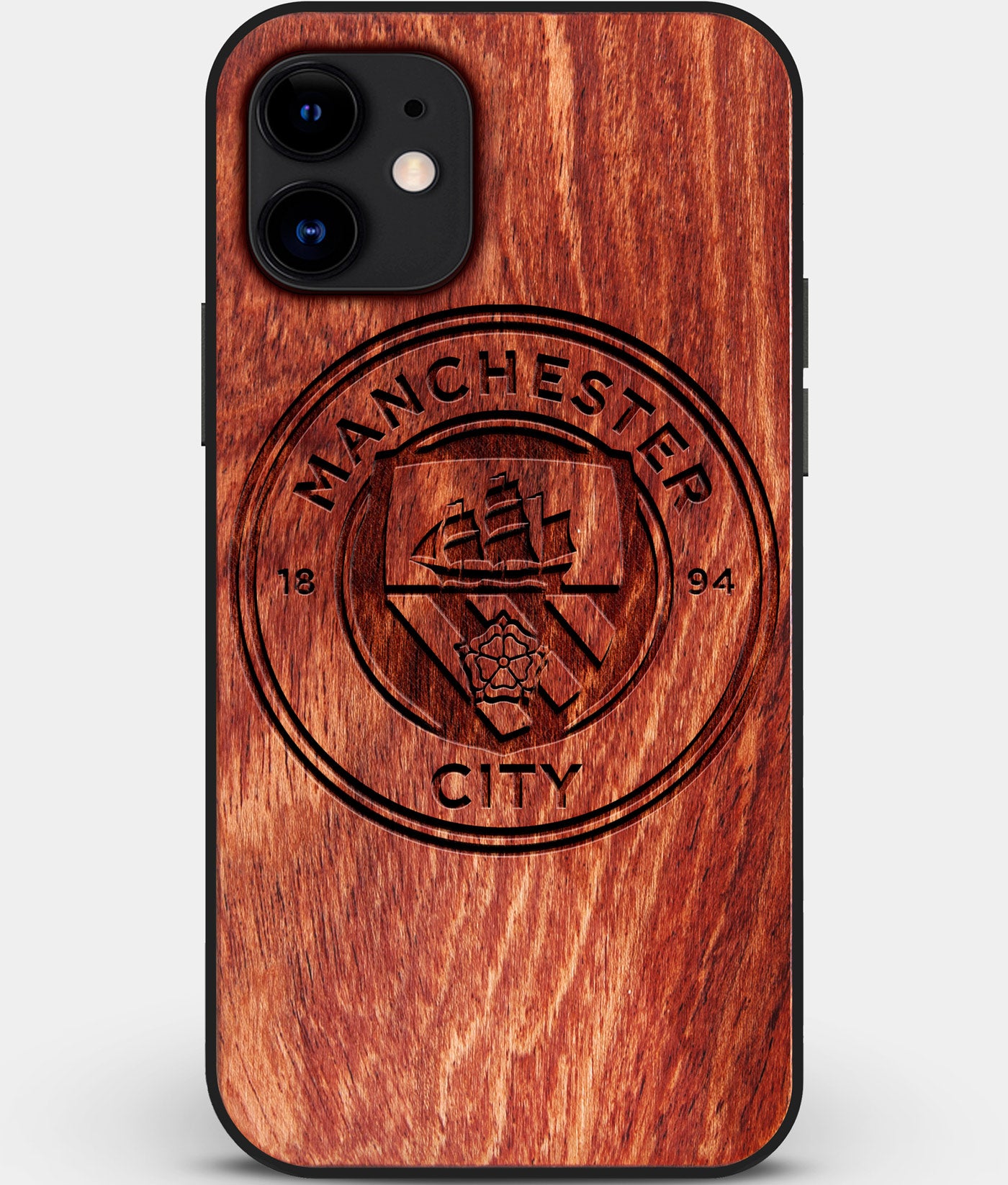Custom Carved Wood Manchester City F.C. iPhone 12 Mini Case | Personalized Mahogany Wood Manchester City F.C. Cover, Birthday Gift, Gifts For Him, Monogrammed Gift For Fan | by Engraved In Nature