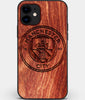 Custom Carved Wood Manchester City F.C. iPhone 12 Mini Case | Personalized Mahogany Wood Manchester City F.C. Cover, Birthday Gift, Gifts For Him, Monogrammed Gift For Fan | by Engraved In Nature
