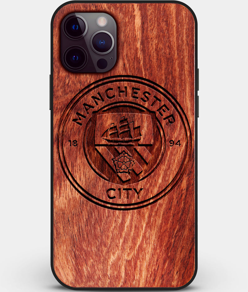 Custom Carved Wood Manchester City F.C. iPhone 12 Pro Case | Personalized Mahogany Wood Manchester City F.C. Cover, Birthday Gift, Gifts For Him, Monogrammed Gift For Fan | by Engraved In Nature