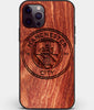 Custom Carved Wood Manchester City F.C. iPhone 12 Pro Max Case | Personalized Mahogany Wood Manchester City F.C. Cover, Birthday Gift, Gifts For Him, Monogrammed Gift For Fan | by Engraved In Nature