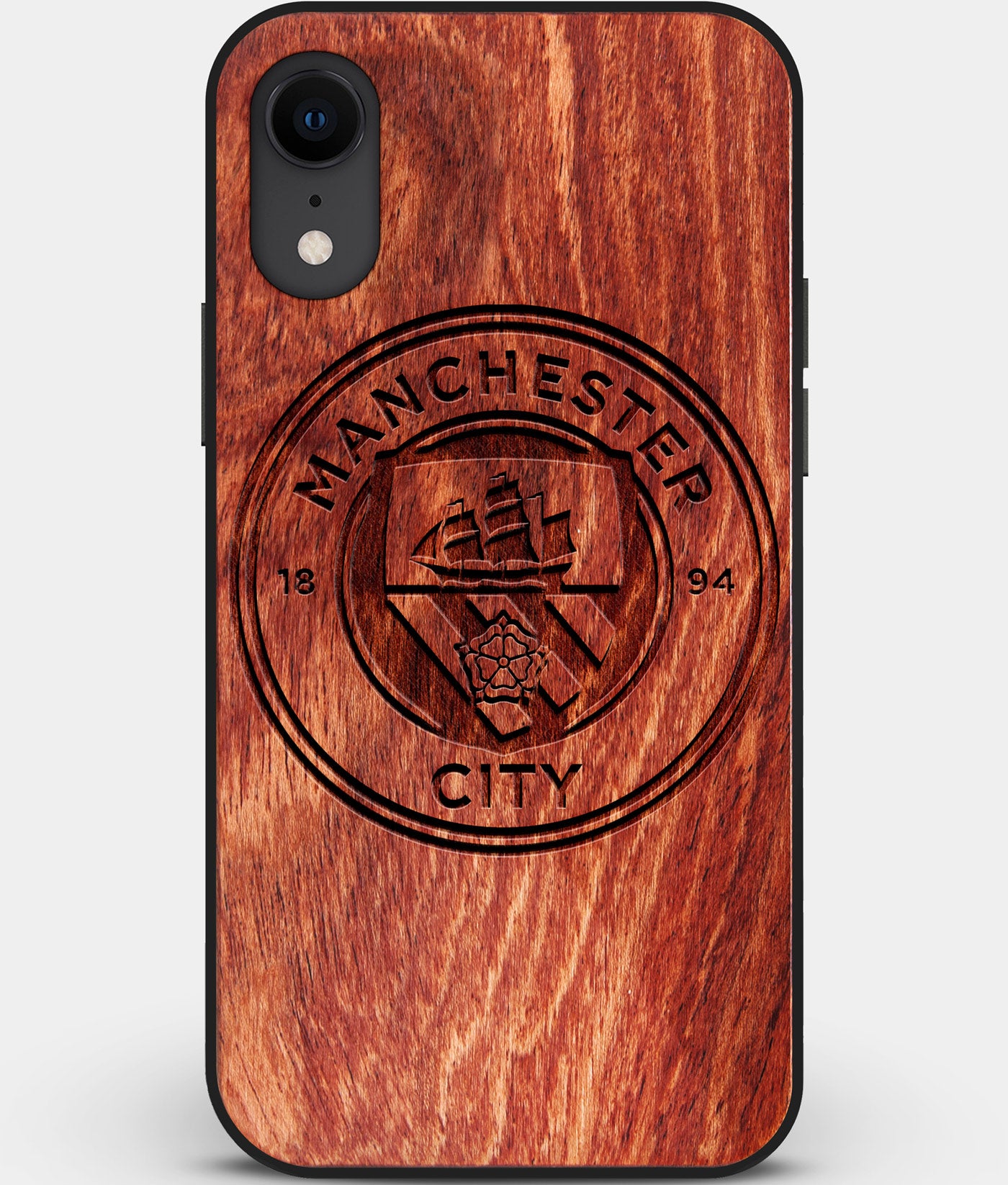 Custom Carved Wood Manchester City F.C. iPhone XR Case | Personalized Mahogany Wood Manchester City F.C. Cover, Birthday Gift, Gifts For Him, Monogrammed Gift For Fan | by Engraved In Nature