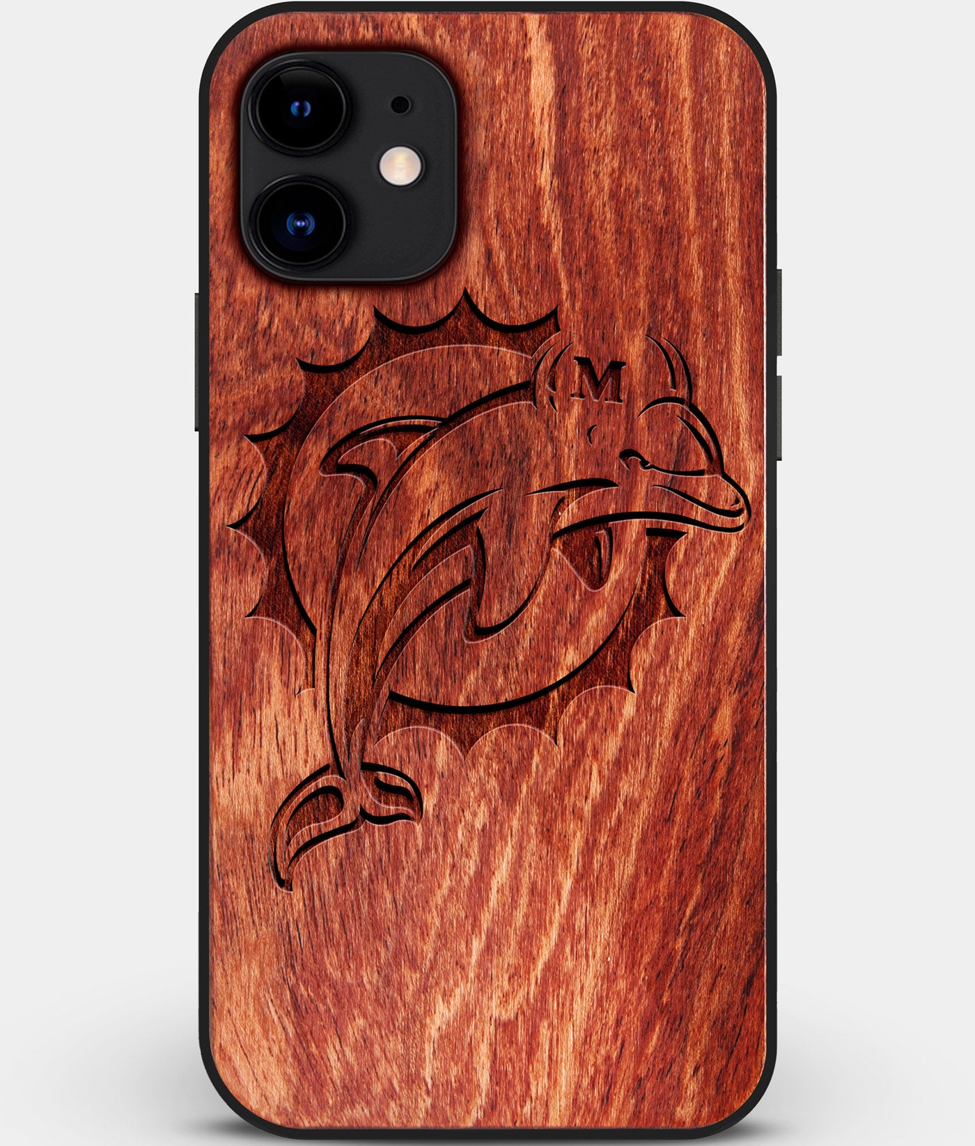 Custom Carved Wood Miami Dolphins iPhone 11 Case | Personalized Mahogany Wood Miami Dolphins Cover, Birthday Gift, Gifts For Him, Monogrammed Gift For Fan | by Engraved In Nature