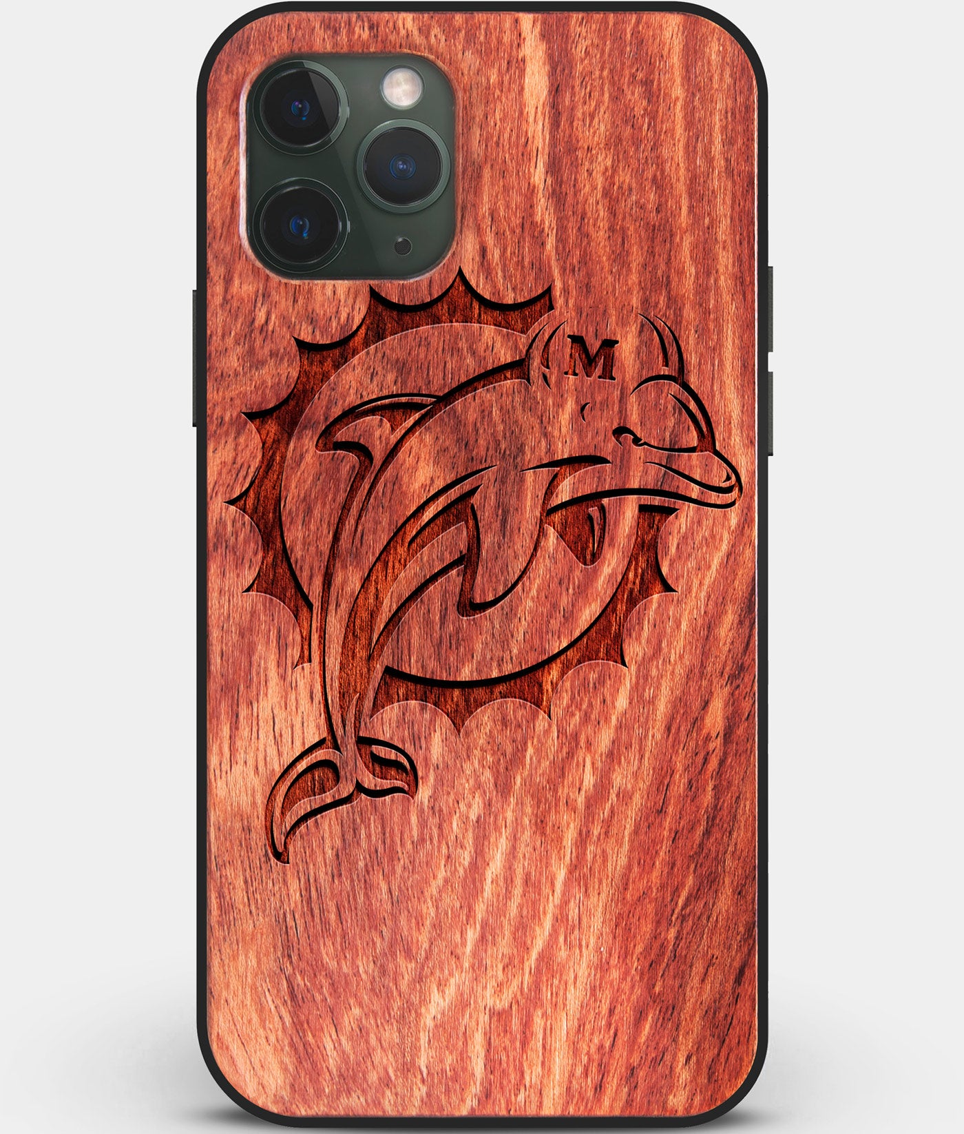 Custom Carved Wood Miami Dolphins iPhone 11 Pro Case | Personalized Mahogany Wood Miami Dolphins Cover, Birthday Gift, Gifts For Him, Monogrammed Gift For Fan | by Engraved In Nature