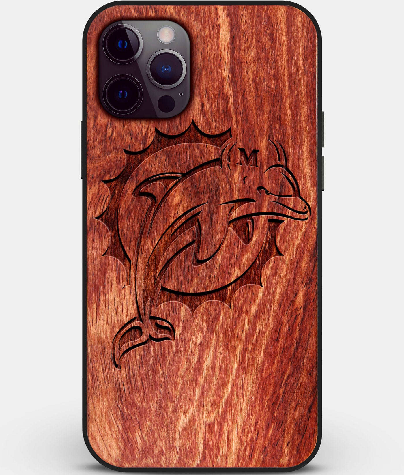 Custom Carved Wood Miami Dolphins iPhone 12 Pro Case | Personalized Mahogany Wood Miami Dolphins Cover, Birthday Gift, Gifts For Him, Monogrammed Gift For Fan | by Engraved In Nature