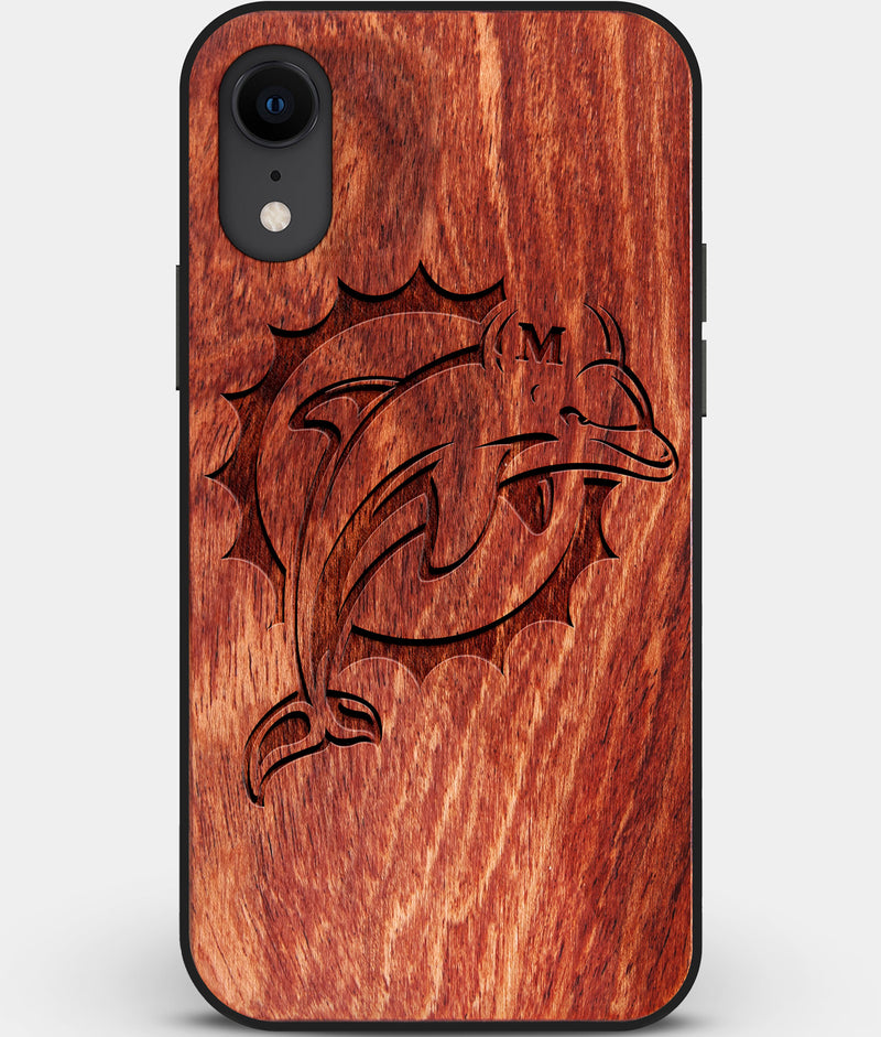 Custom Carved Wood Miami Dolphins iPhone XR Case | Personalized Mahogany Wood Miami Dolphins Cover, Birthday Gift, Gifts For Him, Monogrammed Gift For Fan | by Engraved In Nature