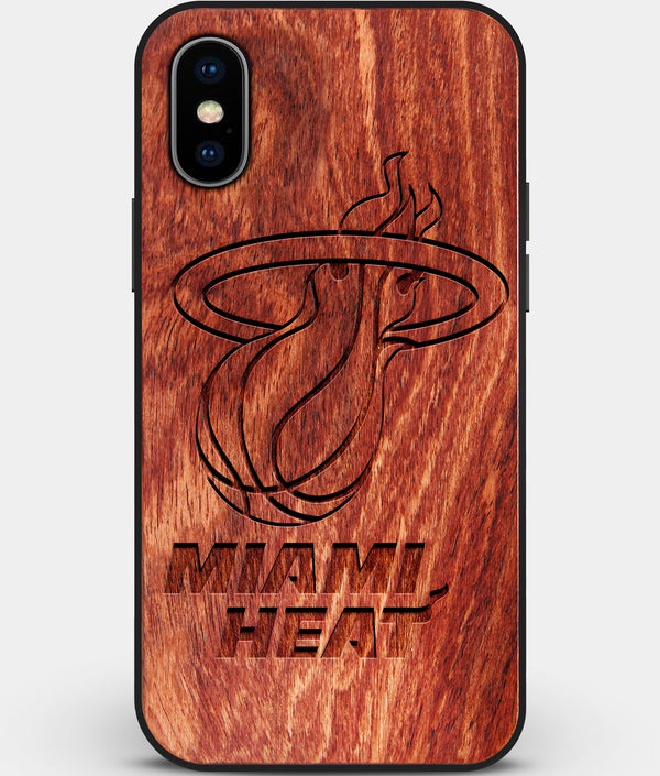Custom Carved Wood Miami Heat iPhone X/XS Case | Personalized Mahogany Wood Miami Heat Cover, Birthday Gift, Gifts For Him, Monogrammed Gift For Fan | by Engraved In Nature